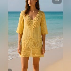 Blue Island Yellow V-Neck Dolman Sleeve Resort Coverup